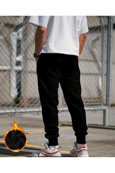caddekombin Men's California Printed Jogger Leg Elastic Regular Fit Fit Black Sweatpants