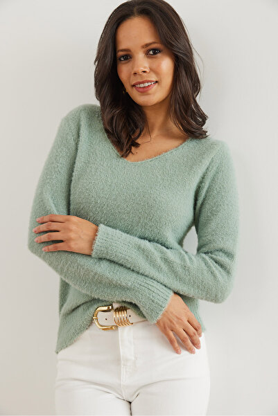 Olalook Women's Water Green V-Neck Soft Textured Beard Knitwear Sweater Kzk- 19000860