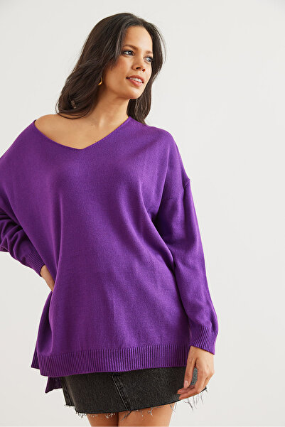 Olalook Purple V-Neck Slit Sweater - Kzk- 19000868