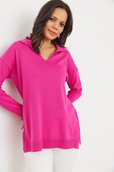 Olalook Women's Fuchsia Polo Neck Basic Knitwear Sweater Kzk- 19000871