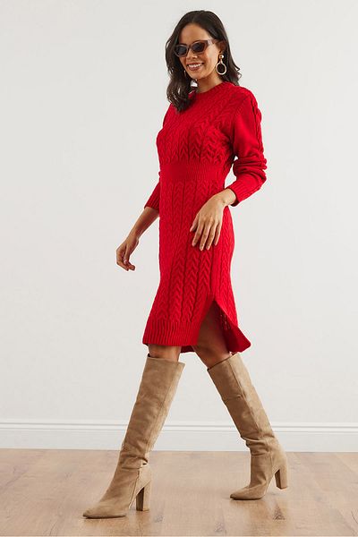 Olalook Women's Red Waistband Slit Hair Knit Mini Dress Elb- 19002289