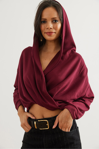 Olalook Kadın Bordo Kapüşonlu Kruvaze Modal Tuşeli Bluz BLZ-19002823