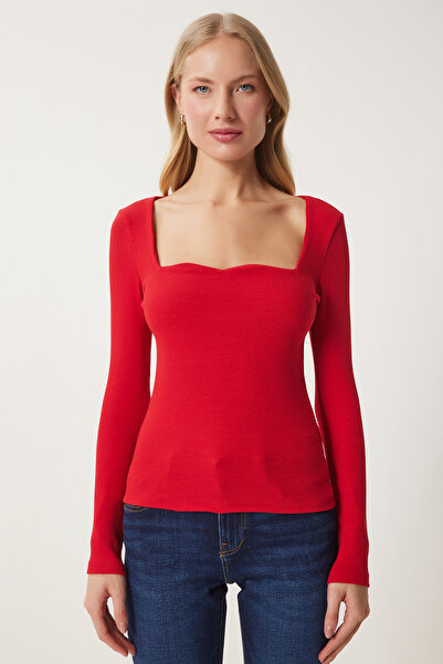 Happiness İstanbul Γυναικεία πλεκτή μπλούζα με κορδόνι γιακά κόκκινο καρδιά GT00100