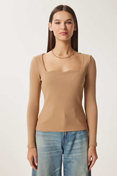 Happiness İstanbul Női keksz Sweetheart nyakkivágással zsinóros kötött blúz GT00100