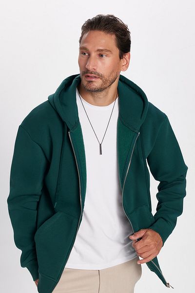 Tudors Unisex Relax Fit Relaxed Cut Βαμβακερό φλις εσωτερικά με διπλή τσέπη με φερμουάρ Πράσινη κουκούλα