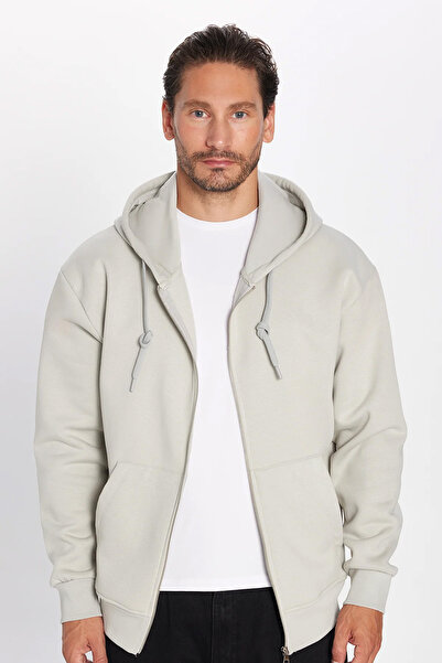 Tudors Unisex Relax Fit Rahat Kesim Pamuklu İçi Polarlı Çift Cepli Fermuarlı Taş Renk Kapüşonlu Sweatshirt