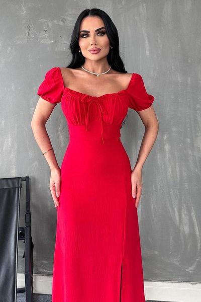 Trendyol Collection Rotes, bodenlanges, stilvolles Abendkleid und Heimkehrkleid mit A-Linien-Schnürung an der Brust. TPRSS25AE00131