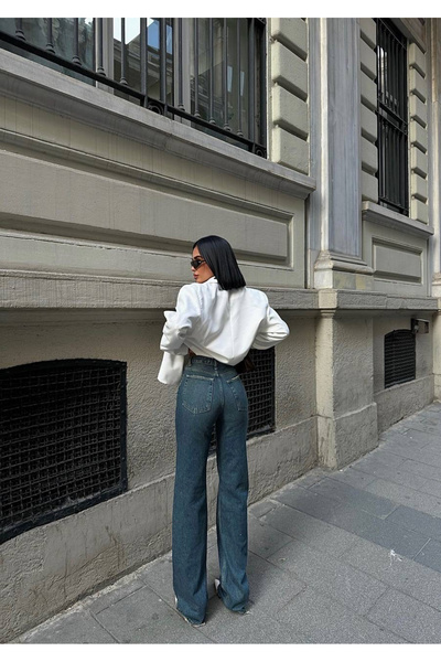 HLT JEANS Tint Yeşili Kadın Wide Leg Jean Yüksek Bel Palazzo Likralı Esnek Kot Pantolon JESSİCA-2045