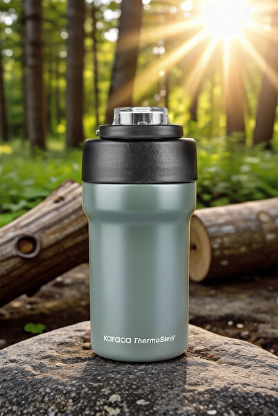 Karaca Thermosteel Camping 2 in 1 Steel Thermos with Straw 450 ml Khaki