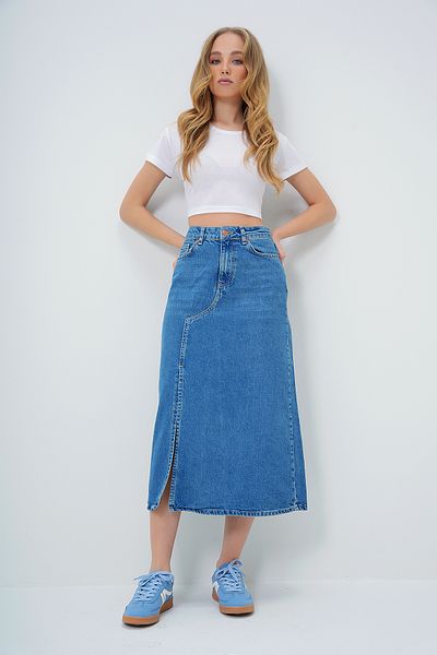 Trend Alaçatı Stili Női kék hasított részletes Midi hosszúságú Jean szoknya ALC-X13174