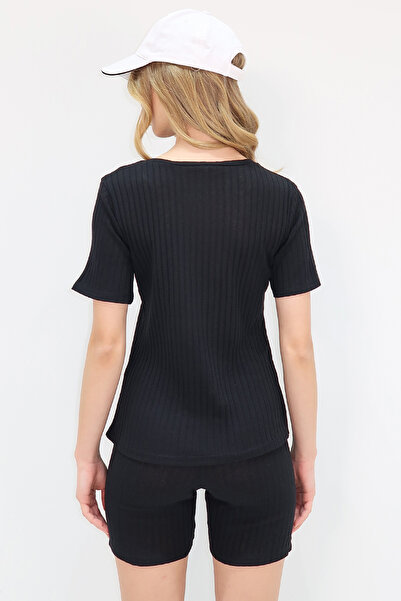 Trend Alaçatı Stili Women's Black Crew Neck Shorts Double Suit ALC-X11543