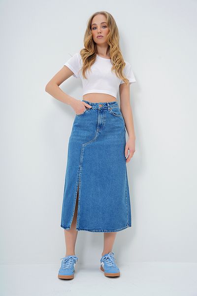 Trend Alaçatı Stili Női kék hasított részletes Midi hosszúságú Jean szoknya ALC-X13174