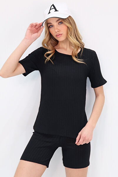 Trend Alaçatı Stili Women's Black Crew Neck Shorts Double Suit ALC-X11543