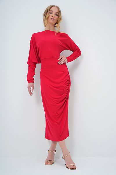 Trend Alaçatı Stili Red Maxi Knitted Dress - Off the Shoulder Cutout, Draped Alc-X12786
