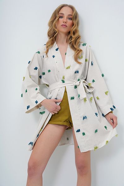 Trend Alaçatı Stili Grüne Leinen-Kimonojacke – Quasten-Detail und Taillengürtel ALC-X13618
