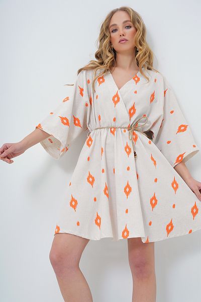 Trend Alaçatı Stili Orange Linen Look Midi Dress - Double Breasted Neckline and Bat Sleeve Alc-X13609