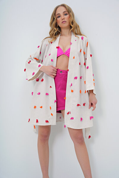 Trend Alaçatı Stili Fuchsiová plátěná kimonová bunda se střapcem - pas, ALC-X13618