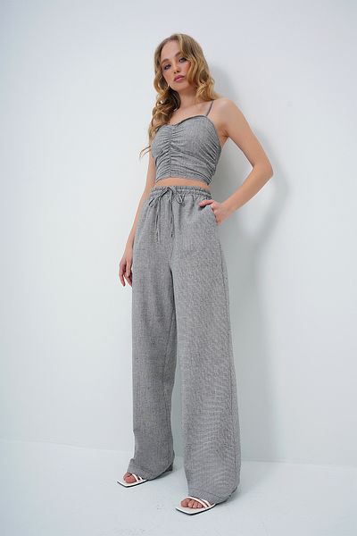 Trend Alaçatı Stili Gray Crop Blouse and Pants Set - Back Guiped, Front Drawstring, Straps Alc-X13607