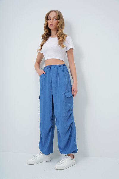 Trend Alaçatı Stili Indigo-Cargohose für Damen – mit Taschen und Gummizug, Aerobin-Weberei, ALC-X11716