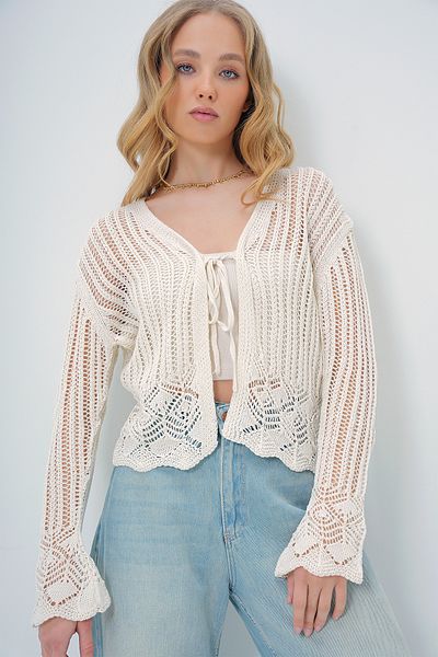 Trend Alaçatı Stili Durchbrochene Strickjacke für Damen in Ecru ALC-X13625