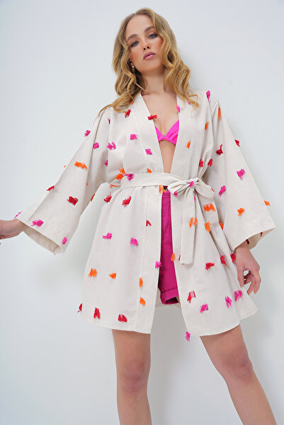 Trend Alaçatı Stili Fuchsiová plátěná kimonová bunda se střapcem - pas, ALC-X13618