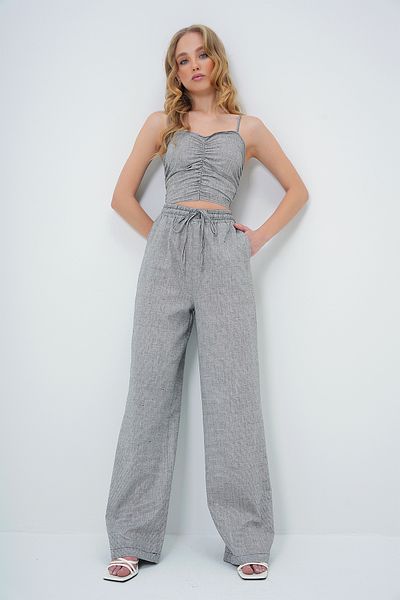 Trend Alaçatı Stili Gray Crop Blouse and Pants Set - Back Guiped, Front Drawstring, Straps Alc-X13607