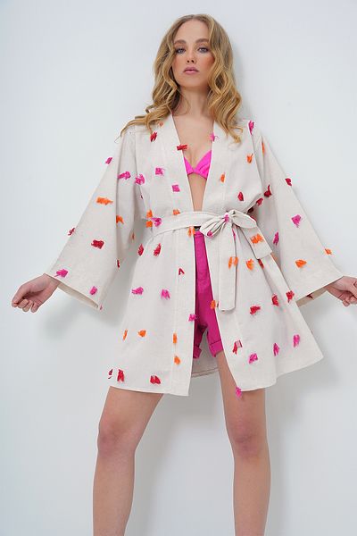 Trend Alaçatı Stili Fuchsiafarbene Kimono-Jacke im Leinen-Look mit Quasten-Detail – Taillengürtel, ALC-X13618