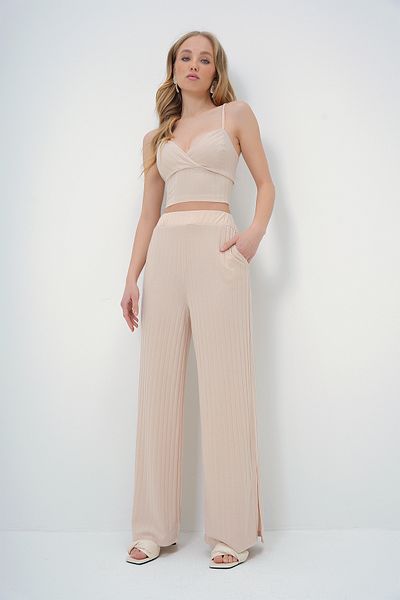 Trend Alaçatı Stili Cream Color Double Breasted Bustier and Split Palazzo Pants Set - Adjustable String Strap Alc-X13577