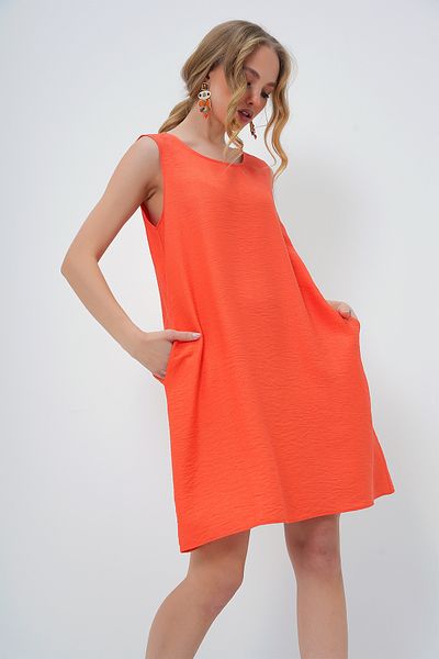 Trend Alaçatı Stili Women's Orange U Neck Zero Sleeve Double Pocket Aerobin Summer Dress Alc-X13575