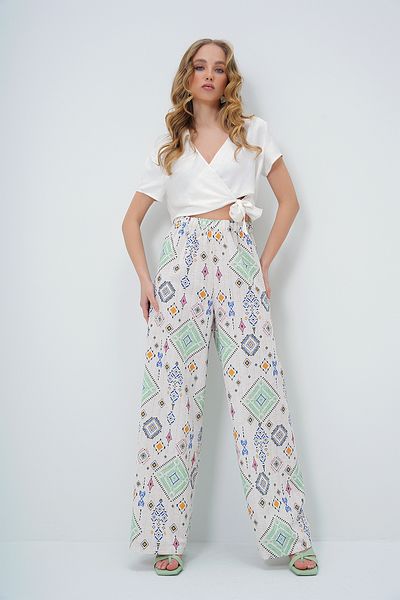 Trend Alaçatı Stili Pantaloni de in pentru femei, verzi, cu model etnic, cu talie elastică ALC-X13631