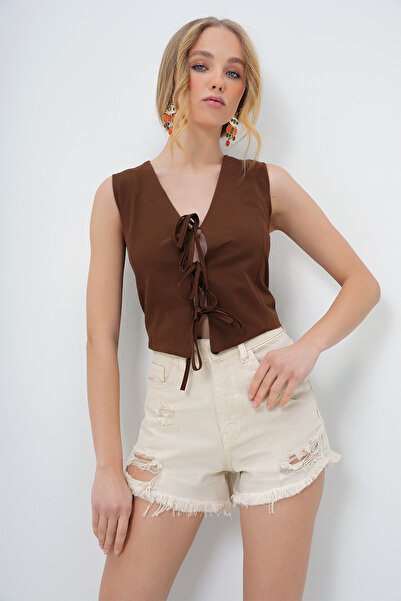 Trend Alaçatı Stili Women's Brown Lacing Detailed Lined Summer Woven Vest Alc-X13504