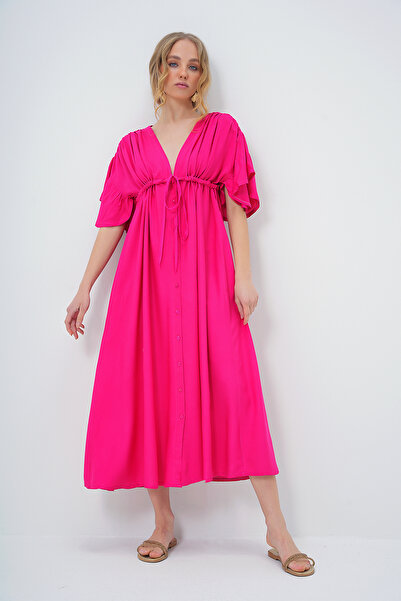 Trend Alaçatı Stili Φούξια V-λαιμόκοψη - Καλοκαιρινό φόρεμα ποπλίνα με κούφια πλάτη και δέσιμο ALC-X13582