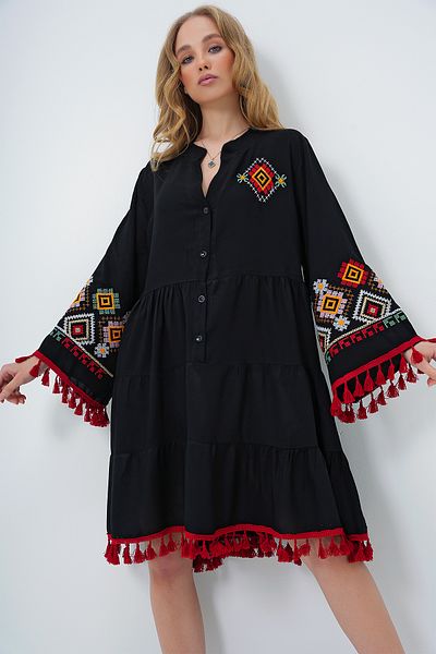 Trend Alaçatı Stili Women's Black Prevailing Collar Buttoned Ethnic Embroidery Midi Length Summer Dress Alc-X13595