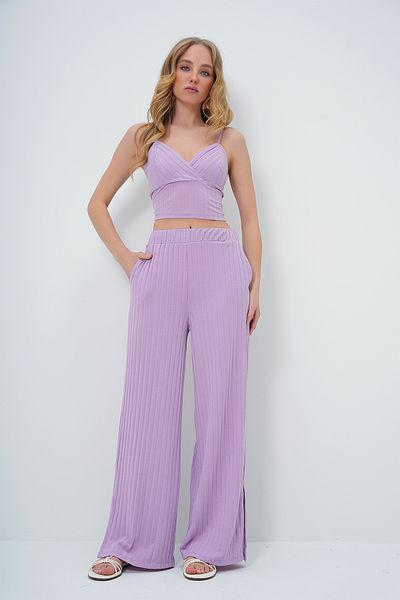 Trend Alaçatı Stili Fliederfarbenes zweireihiges Bustier- und Palazzo-Hosen-Set mit Schlitz – verstellbarer Seilträger ALC-X13577