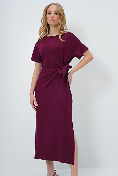 Trend Alaçatı Stili Bordové letné pletené šaty s výstrihom a šnurovaním s krátkym rukávom – Alc-X13573