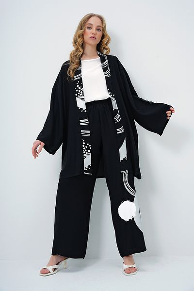 Trend Alaçatı Stili Black Geometric Print Oversize Kimono and Palazzo Pants Set - Alc-X13592