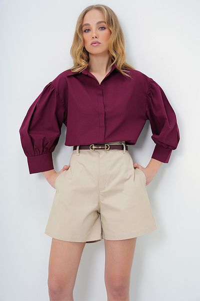 Trend Alaçatı Stili Burgunderrote Basic-Popeline-Hemden mit Ballonärmeln und versteckter Knopfleiste für Damen ALC-X9654