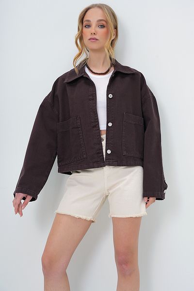 Trend Alaçatı Stili Dámská hořká kávová taška Kapesní Shepherd Prošívání Crop Jean Jacket Alc-X13562