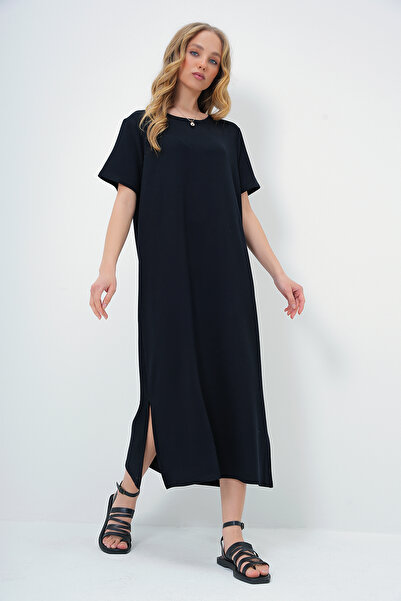 Trend Alaçatı Stili Dámské černé pletené šaty s výstřihem a krátkým rukávem Alc-X13571