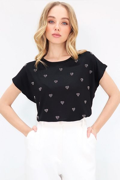 Trend Alaçatı Stili Schwarzes Damen-T-Shirt mit Rundhalsausschnitt, Herzmuster, Steinstickerei, Nullärmeln ALC-X13539