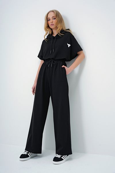 Trend Alaçatı Stili Μαύρη κουκούλα Oversize Crop Top και Σετ παντελονιού διπλής τσέπης - ALC-X13633