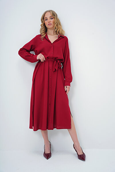 Trend Alaçatı Stili Women's Burgundy Woven Viscose Shirt Dress Alc-X13519