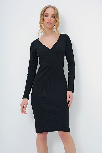 Trend Alaçatı Stili Schwarzes Damen-Midikleid aus Lycra mit zweireihigem Ausschnitt ALC-X13372