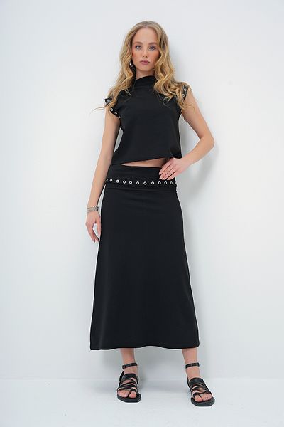 Trend Alaçatı Stili Women's Black Ring Stand Collar Blouse and Skirt Suit Alc-X13482