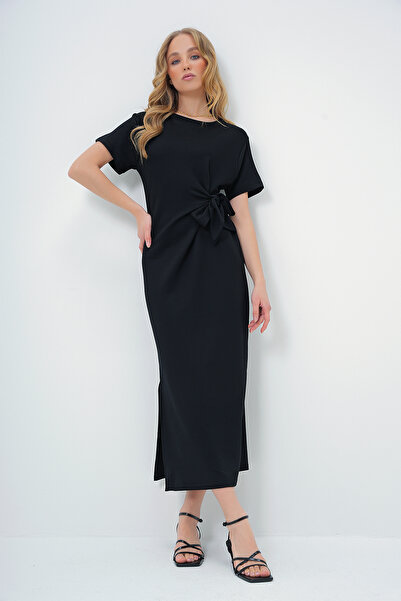 Trend Alaçatı Stili Černé pletené letní šaty – výstřih, zavazování v pase, krátký rukáv a rozparky ALC-X13573