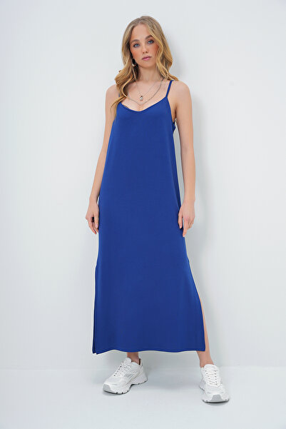 Trend Alaçatı Stili Dámské námořnicky modré letní pletené šaty s provazovým páskem s rozparkem Alc-X13570