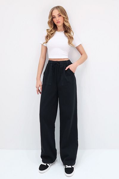 Trend Alaçatı Stili Pantaloni Palazzo din Gabardine, negri, cu buzunare duble, ALC-X13514