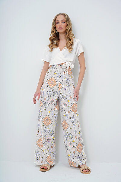 Trend Alaçatı Stili Women's Orange Ethnic Patterned Linen Trousers with Elastic Waist Alc-X13631