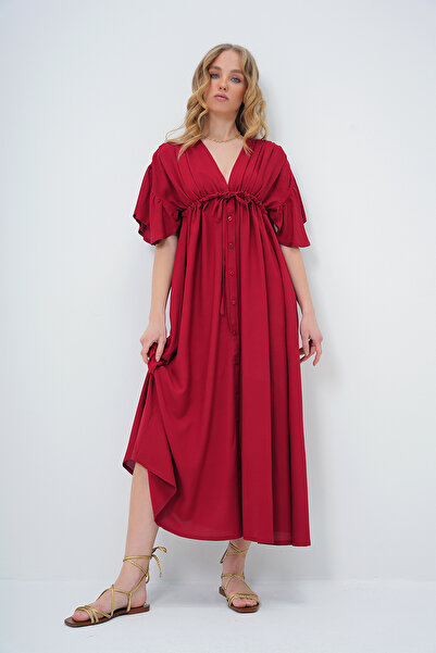 Trend Alaçatı Stili Women's Burgundy V-Neck Low-Cut Back Lacing Detail Buttoned Front Summer Poplin Dress Alc-X13582