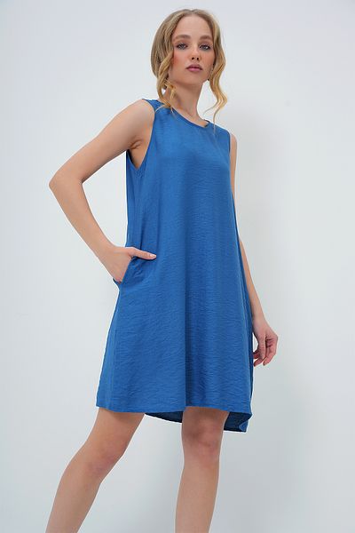 Trend Alaçatı Stili Women's Indigo U Neck Zero Sleeve Double Pocket Aerobin Summer Dress Alc-X13575